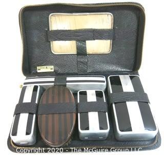 Vintage Art Deco Meeker Made Men's Toiletry Kit in Leather Case.  Aluminum Cases with Enamel Detailing.