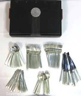 Vintage Art Deco 71 Piece Sterling Silver Flatware Set Made by International Sterling in Art Deco Silver Box. This set has 12 Place Settings (6 Pieces Each with the exception on one setting which is missing a dinner knife).  Weighs 2860 grams excluding knives.