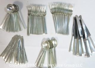 Vintage Art Deco 71 Piece Sterling Silver Flatware Set Made by International Sterling in Art Deco Silver Box. This set has 12 Place Settings (6 Pieces Each with the exception on one setting which is missing a dinner knife).  Weighs 2860 grams excluding knives.