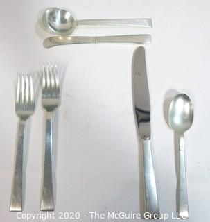 Vintage Art Deco 71 Piece Sterling Silver Flatware Set Made by International Sterling in Art Deco Silver Box. This set has 12 Place Settings (6 Pieces Each with the exception on one setting which is missing a dinner knife).  Weighs 2860 grams excluding knives.