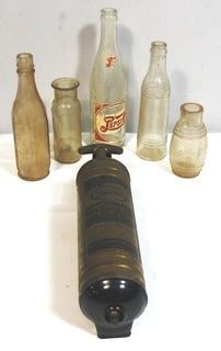 Vintage Glass Bottles (from excavation of a late 19th c dump at "Foot of First St SW, Washington DC, known as Buzzard Point), and Brass Wall Mount Pyrene Fire Extinguisher & Holder 