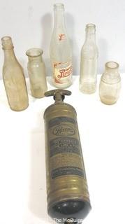 Vintage Glass Bottles (from excavation of a late 19th c dump at "Foot of First St SW, Washington DC, known as Buzzard Point), and Brass Wall Mount Pyrene Fire Extinguisher & Holder 