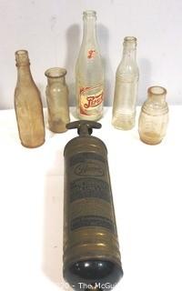 Vintage Glass Bottles (from excavation of a late 19th c dump at "Foot of First St SW, Washington DC, known as Buzzard Point), and Brass Wall Mount Pyrene Fire Extinguisher & Holder 