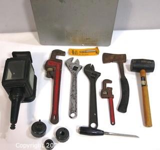 Collection of Tools Including Pipe and Crescent Wrenches, Metal case, Ax, Rubber Mallet, Hole Saws & Wall Lamp