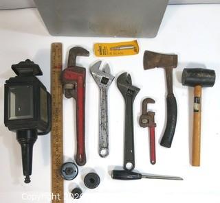 Collection of Tools Including Pipe and Crescent Wrenches, Metal case, Ax, Rubber Mallet, Hole Saws & Wall Lamp