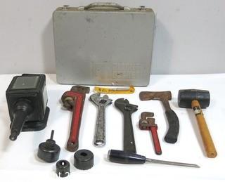 Collection of Tools Including Pipe and Crescent Wrenches, Metal case, Ax, Rubber Mallet, Hole Saws & Wall Lamp