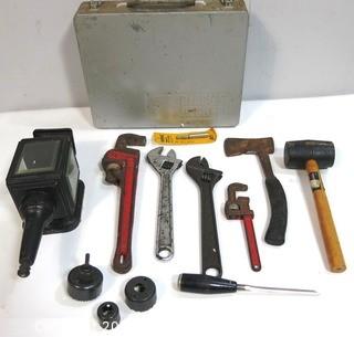 Collection of Tools Including Pipe and Crescent Wrenches, Metal case, Ax, Rubber Mallet, Hole Saws & Wall Lamp