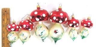 Six Vintage Hand Blown & Painted Glass Mushroom Ornaments in Original Boxes