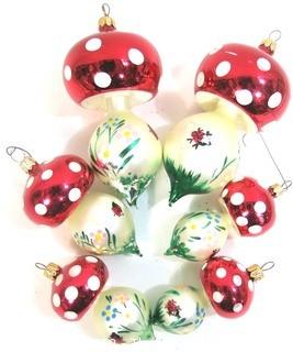 Six Vintage Hand Blown & Painted Glass Mushroom Ornaments in Original Boxes