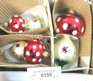 Six Vintage Hand Blown & Painted Glass Mushroom Ornaments in Original Boxes