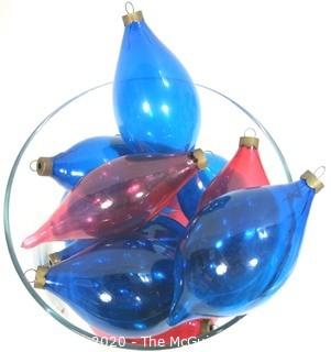 Group of Blue and Red Hand Blown Glass Translucent Ornaments