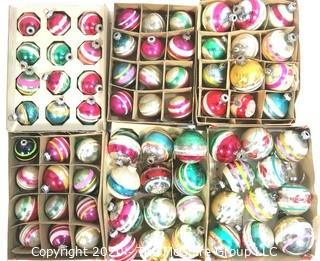 Group of Vintage Glass Ornaments with Painted Stripes in Boxes