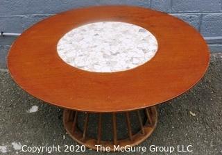 Vintage Mid Century Round Wooden Coffee Table with Tile Mosaic Insert on Top.