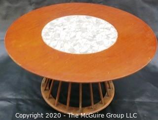 Vintage Mid Century Round Wooden Coffee Table with Tile Mosaic Insert on Top.