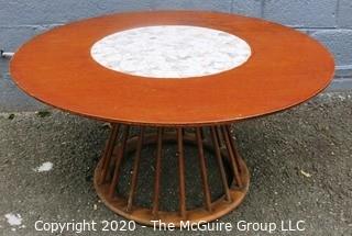 Vintage Mid Century Round Wooden Coffee Table with Tile Mosaic Insert on Top.