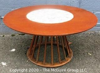 Vintage Mid Century Round Wooden Coffee Table with Tile Mosaic Insert on Top.