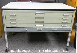 Industrial Steel Flat File Table with Five Drawers on Legs with Casters.  Measures approximately 57" x 38" x 39".