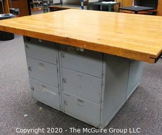 Vintage Industrial Wood Top Work Table with Storage Underneath on Casters.   Measures 54 x 64 x 36"t