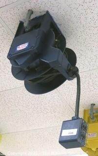 Daniel Woodhead 600V Model 9383 Industrial Grade Ceiling Mounted Retractable Electrical Cord Reel;  12/3 SOW-A 90C (Unit has been disconnected from power source, but still requires disassembly from ceiling by buyer)