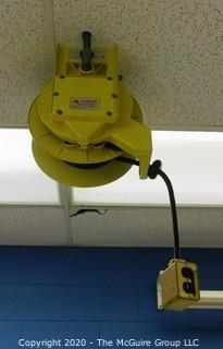 Daniel Woodhead 600V Model 9383 Industrial Grade Ceiling Mounted Retractable Electrical Cord Reel;  12/3 SOW-A 90C (Unit has been disconnected from power source, but still requires disassembly from ceiling by buyer)