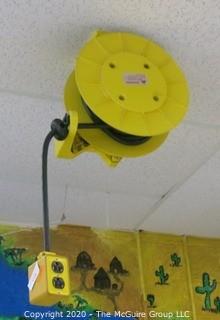 Daniel Woodhead 600V Model 9383 Industrial Grade Ceiling Mounted Retractable Electrical Cord Reel;  12/3 SOW-A 90C (Unit has been disconnected from power source, but still requires disassembly from ceiling by buyer)