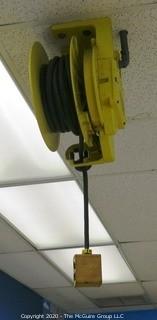 Daniel Woodhead 600V Model 9383 Industrial Grade Ceiling Mounted Retractable Electrical Cord Reel;  12/3 SOW-A 90C (Unit has been disconnected from power source, but still requires disassembly from ceiling by buyer)