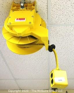 Daniel Woodhead 600V Model 9383 Industrial Grade Ceiling Mounted Retractable Electrical Cord Reel;  12/3 SOW-A 90C (Unit has been disconnected from power source, but still requires disassembly from ceiling by buyer)