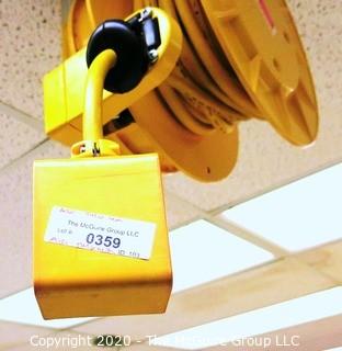 Daniel Woodhead 600V Model 9383 Industrial Grade Ceiling Mounted Retractable Electrical Cord Reel;  12/3 SOW-A 90C (Unit has been disconnected from power source, but still requires disassembly from ceiling by buyer) 