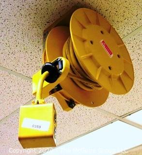 Daniel Woodhead 600V Model 9383 Industrial Grade Ceiling Mounted Retractable Electrical Cord Reel;  12/3 SOW-A 90C (Unit has been disconnected from power source, but still requires disassembly from ceiling by buyer) 