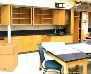 Science room tables and cabinetry. You must disassemble and remove what items you want.