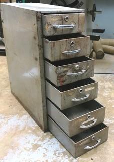 11" x 24" x 28"T Vintage Industrial Six Drawer Metal File Cabinet.