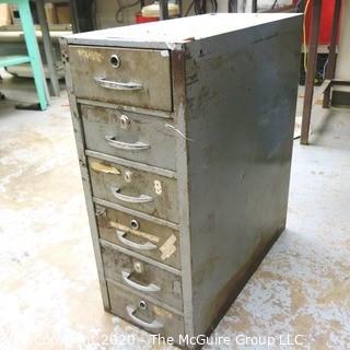 11" x 24" x 28" Vintage Industrial Six Drawer Metal File Cabinet; With Contents.