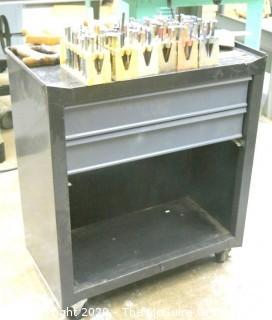 Metal Tool Cart on Casters with 3 Hand Saws and Collection of Metal Stamping Tools in Cases.  Includes contents of drawers.