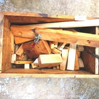 Vintage Wooden Crate on Casters with Wood Scraps. 