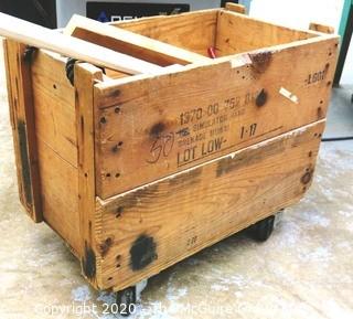 Vintage Wooden Crate on Casters with Wood Scraps. 