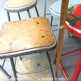 (6) Industrial Stools in Varying Heights and Styles.  Some painted by students.  The red stool with green illustration is missing from this lot.  Lot is now only for 5 stools.   Description altered on 12/28 at 5:06 PM EST. 