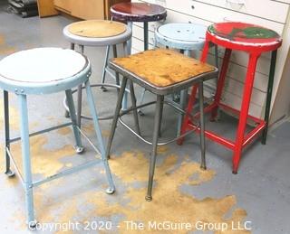 (6) Industrial Stools in Varying Heights and Styles.  Some painted by students.  The red stool with green illustration is missing from this lot.  Lot is now only for 5 stools.   Description altered on 12/28 at 5:06 PM EST. 