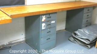 24" x 96" x 34"t Industrial Wood Block Table with Metal File Drawer Base. 