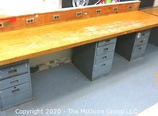 27" x 130" x 34"t Industrial Wood Block Table with Metal File Drawer Base.  Does not include socket back board.