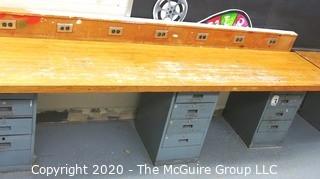 27" x 130" x 34"t Industrial Wood Block Table with Metal File Drawer Base.  Does not include socket back board.