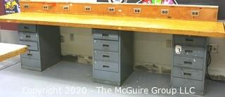 27" x 130" x 34"t Industrial Wood Block Table with Metal File Drawer Base.  Does not include socket back board.