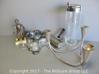 Includes sterling candleabra, M-C bar shaker, bronze figure, sterling base salt/pepper, crumber and smoke glass bowl