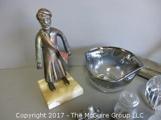 Includes sterling candleabra, M-C bar shaker, bronze figure, sterling base salt/pepper, crumber and smoke glass bowl