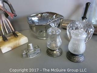 Includes sterling candleabra, M-C bar shaker, bronze figure, sterling base salt/pepper, crumber and smoke glass bowl