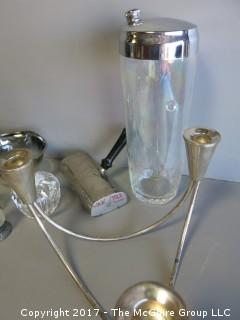 Includes sterling candleabra, M-C bar shaker, bronze figure, sterling base salt/pepper, crumber and smoke glass bowl