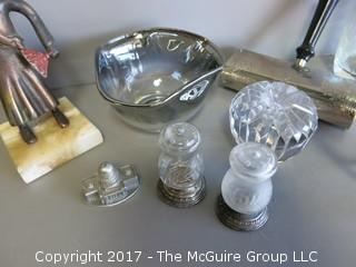 Includes sterling candleabra, M-C bar shaker, bronze figure, sterling base salt/pepper, crumber and smoke glass bowl