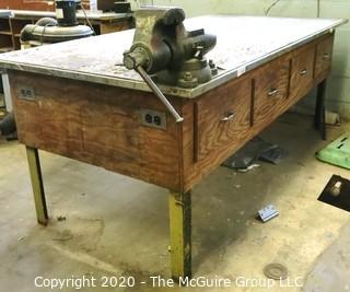 Vintage Industrial Wooden Work Table With Underneath Storage Drawers; On Metal Base.45" x 92" x 36"t (does not include vise)