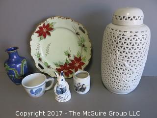 Collection includes Quimper cup, enameled vase, and hand painted bunny