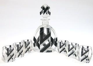 1930's Karl Palda Bohemian Czech Art Deco Cut Glass Liquor Decanter & 6 Glasses. <br> <br> Many of the Karl Palda Bohemian Art Deco cut glass pieces in this auction were featured in the book “Collectible Bohemian Glass (1915 – 1945) Volume II” by Robert & Deborah Truitt.