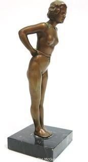 Vintage Art Deco Female Bronze Statue on Marble Base. Measures approximately 9" tall.
